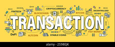 Transaction . Word and outline icon on solid color background . Cryptocurrency concept . Vector . Editable stroke . Stock Vector