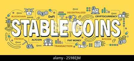 Stable coins . Word and outline icon on solid color background . Cryptocurrency concept . Vector . Editable stroke . Stock Vector