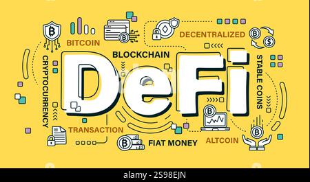 Defi . Word and outline icon on solid color background . Cryptocurrency concept . Vector . Editable stroke . Stock Vector
