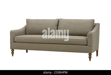 Modern gray fabric sofa + clipping path. The sofa is isolated on a White background. Furniture, interior object. Stock Photo