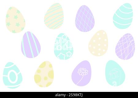 Easter egg set in pastel colors with striped pattern, stars, circles Stock Vector