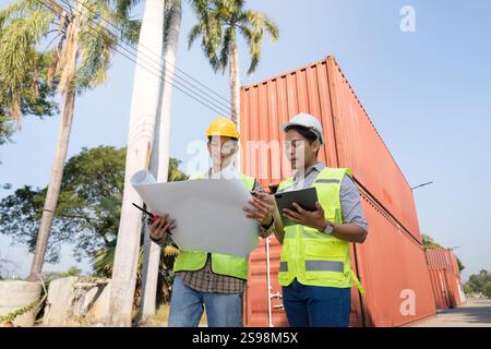 Engineers analyzing logistics plans and container management near shipping containers Stock Photo