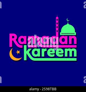 Ramadan Kareem colorful typography vector illustration with moon and mosque on blue background. Islamic religious festival holy Ramadan banner, poster Stock Vector