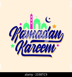 Ramadan Kareem calligraphy with moon and mosque vector illustration. Islamic religious festival holy Ramadan banner, poster, greeting card, template Stock Vector