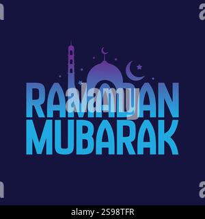 Ramadan Mubarak text with moon, stars and mosque vector illustration on dark blue background. Muslim religious holiday celebration greeting card, post Stock Vector
