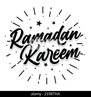 Ramadan Kareem handwritten lettering vector illustration with celebration confetti, stars on white background. Muslim religious holidays poster Stock Vector