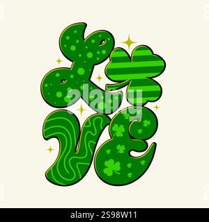 Love decorative lettering design with St. Patrick's elements and gold stars icon. Saint Patrick's Day celebration sticker, label, badge, tag. Irish Stock Vector