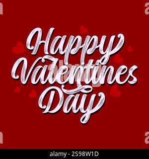 Happy Valentine's Day hand drawn lettering greeting card banner template red background. Romantic wallpaper with decorative hearts elements Stock Vector