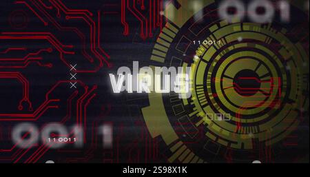 Image of scope scanning, data processing over virus text on black background Stock Photo