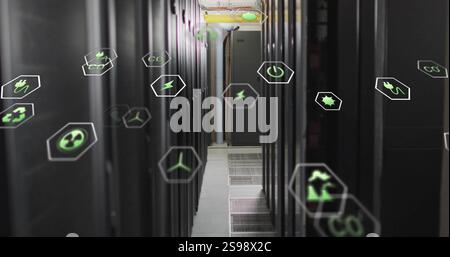 Image of eco icons and digital data processing over computer servers Stock Photo