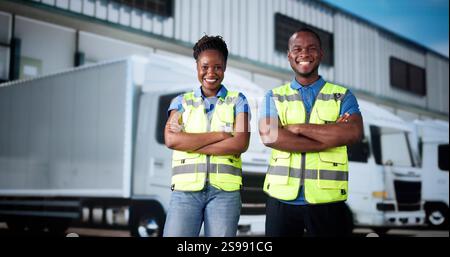 Happy Delivery Truck Drivers. Confident Trucking Industry Workers Stock Photo