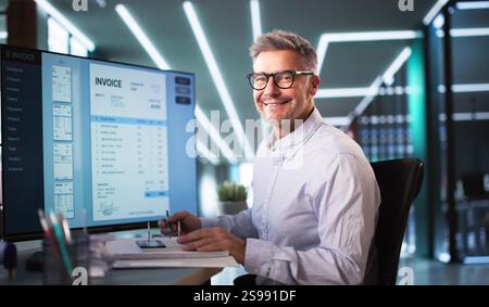 Accountants Looking At Invoice Spreadsheet On Computer Monitor Stock Photo