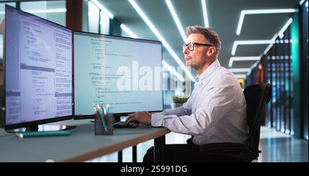 Software Programmer Or Coder Man Using Office Computer Stock Photo