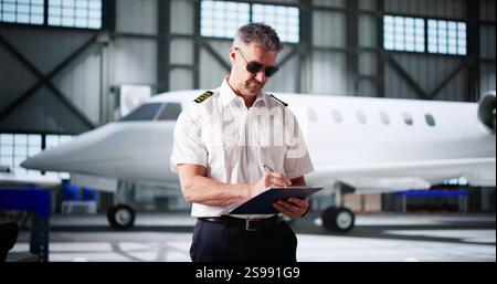 Airplane Captain Doing Checklist Befofe Flight. Aircraft Officer Stock ...