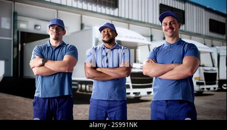 Cheerful truck drivers flashing big smiles while making deliveries today. Stock Photo