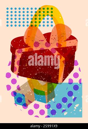 Risograph Heart shaped gift box with geometric shapes. Objects in trendy riso graph print texture style design with geometry elements. Stock Vector
