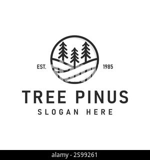 Silhouette Three Pine Trees Similar to Spruce. Wavy Hills Forest Classic Vintage Logo Design Line Art Vector Design Stock Vector