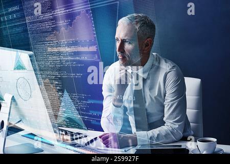 Business man, computer and hologram for programming, code and overlay with futuristic ui at office. Mature person, review and developer with digital Stock Photo