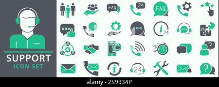 Support icon set. Containing customer satisfied, assistance, experience, feedback, operator and technical support icons. Icon collection. Stock Vector