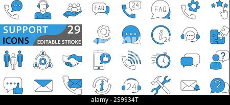 Support icon set. Containing customer satisfied, assistance, experience, feedback, operator and technical support icons. Icon collection. Stock Vector