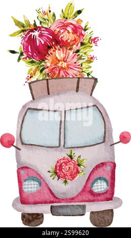 Watercolor pink van with flowers roses Valentine's day truck, Valentine's day bus transportation with flowers on top vector illustration Stock Vector