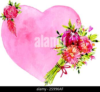 Watercolor floral heart vector, valentine watercolor floral pink heart vector Stock Vector