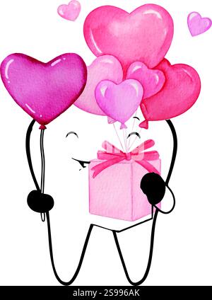 Teeth  line drawing with watercolor hearts vector, teeth line drawing with hearts watercolor illustration, t-shirt , card design Stock Vector