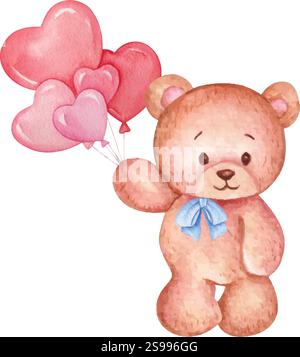 Teddy bear with heart balloons vector, Valentine teddy bear with pink heart balloons vector, watercolor teddy bear Stock Vector