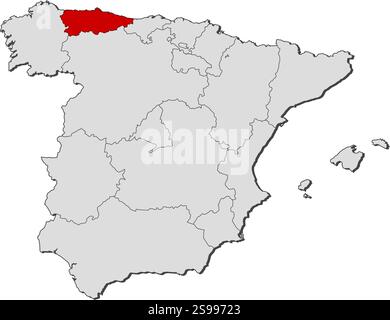 Map of Spain with the provinces, Asturias is highlighted. Stock Vector