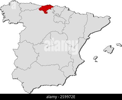 Map of Spain with the provinces, Cantabria is highlighted. Stock Vector