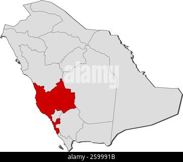 Map of Saudi Arabia with the provinces, Makkah is highlighted. Stock Vector