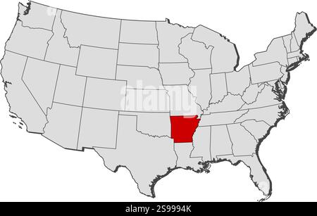Map of United States with the provinces, Arkansas is highlighted. Stock Vector