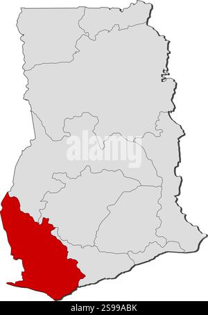 Map of Ghana with the provinces, Western is highlighted by orange Stock ...