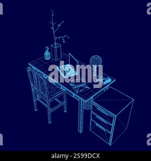 Computer desk with a laptop, a vase, a book, and a chair. The desk is blue, and the laptop is open. The vase is on the left side of the desk Stock Vector