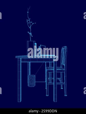 Blue drawing of a desk with a chair and a vase of flowers on it. The desk is made of wood and has a few books on it. The chair is positioned in front Stock Vector