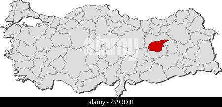 Map of Turkey with the provinces, Tunceli is highlighted by orange ...