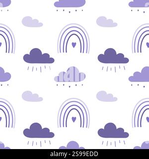 Pattern with overcast cloudy weather, sad purple clouds with raindrops and boring lilac rainbow. On white background. Vector illustration Stock Vector