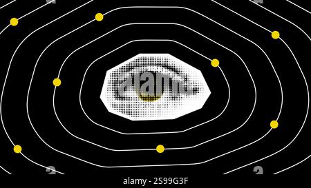 A trendy halftone collage illustration with eye as a centre of the universe Stock Vector