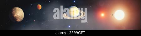 Solar System Featuring Multiple Planets, Saturn's Rings, and Radiant Suns in a Starry Universe Stock Photo