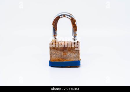 Rusty old padlock isolated on a white background Stock Photo