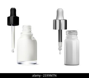 Cosmetic serum pipette dropper bottle set, vector mockup. Eye collagen flask with eyedropper, realistic template blank. Aroma essence treatment glass Stock Vector