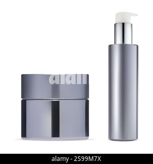 Cosmetic cream jar, airless foundation bottle mockup. Mini pump dispenser, plastic packaging for serum essence with silver top. Face care moisturizer Stock Vector