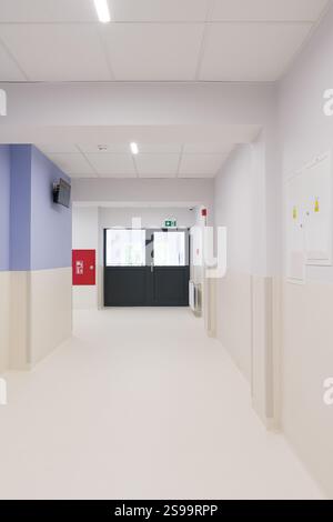 Empty Modern Hallway with Fire Safety Equipment Stock Photo