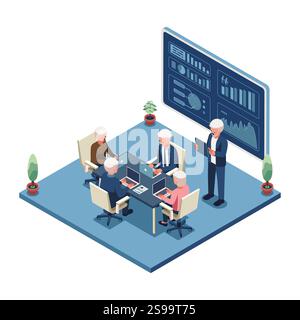 Isometric Elderly People Working and Collaborating with Team. Elderly or Aging Workforce Concept Stock Vector