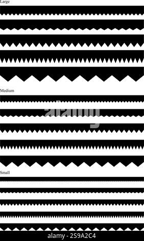 Sheared Border Trim collection. Set of 15 isolated seamless sheared vector edges clipart for designs. Zigzag edges, 5 different designs in 3 scales Stock Vector