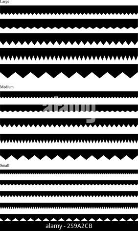 Sheared Border Trim collection. Set of 15 isolated seamless sheared vector edges clipart for designs. Zigzag edges, 5 different designs in 3 scales Stock Vector