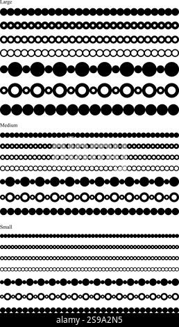 Vector Circle Chain Border trim bundle. Set of 21 seamless vector clipart edges. Editable and scalable round, beaded borders. 7 borders in 3 scales. Stock Vector