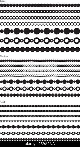 Vector Circle Chain Border trim bundle. Set of 21 seamless vector clipart edges. Editable and scalable round, beaded borders. 7 borders in 3 scales. Stock Vector