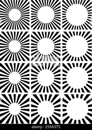 Set of 12 Editable vector radial sunbeams with different sizes of circular negative space for images or text. 12 Different variations. Isolated. EPS. Stock Vector