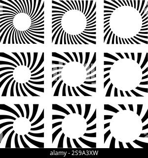 Set of 9 Editable vector swirled radial sunbeams with different sizes of circular negative space for images or text. 9 variations. Isolated. EPS file Stock Vector